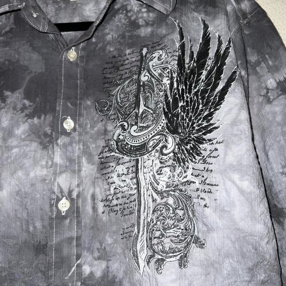 Y2K Grunge Button Up Shirt Eighty Eight Cross Graphic Wings Gray Size XL - Picture 5 of 8